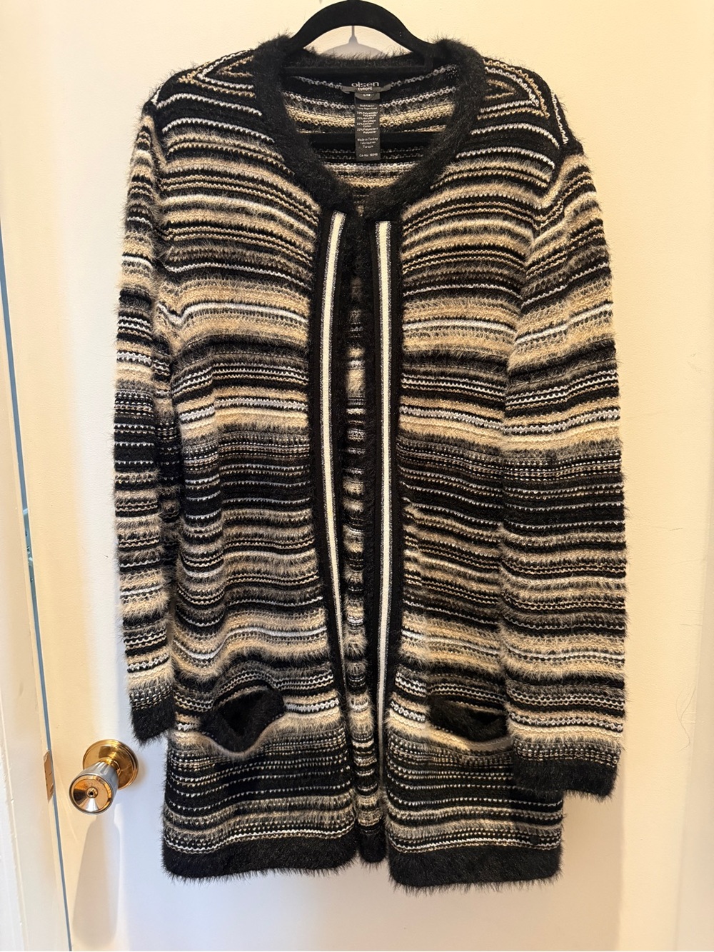 Olsen Europe Black Beige Fuzzy Stripe Long Cardigan L XL Open Front Boho